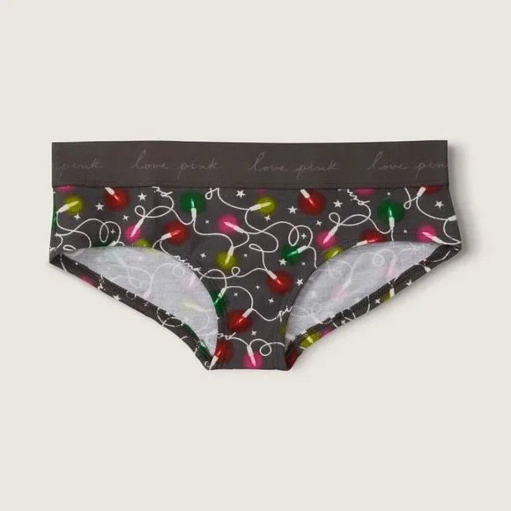 Victoria's Secret PINK Logo Script Hipster Panty Gray Christmas Lights NEW